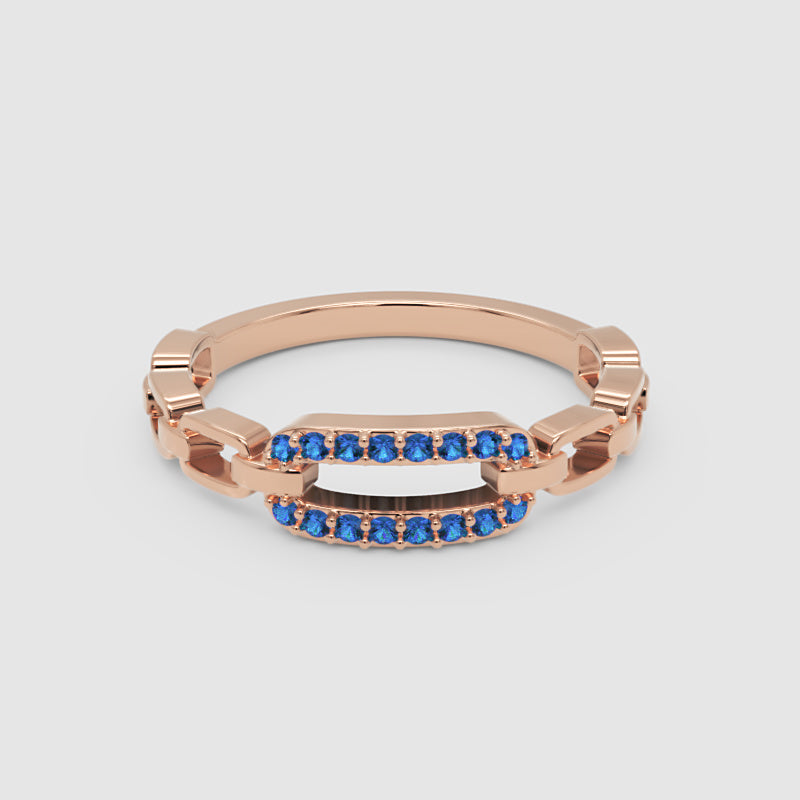 Lab-Grown Blue Sapphire Interlocking Link Ring In White Gold | Modern Chain Style Statement Ring For Women | Jebij - Six