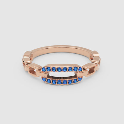 Lab-Grown Blue Sapphire Interlocking Link Ring In White Gold | Modern Chain Style Statement Ring For Women | Jebij - Six