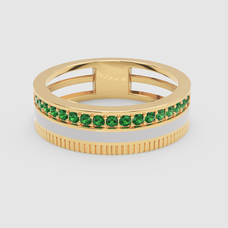 Yellow Gold Emerald Band Ring with White Enamel Center – Customizable Luxury Statement Ring | Jebij