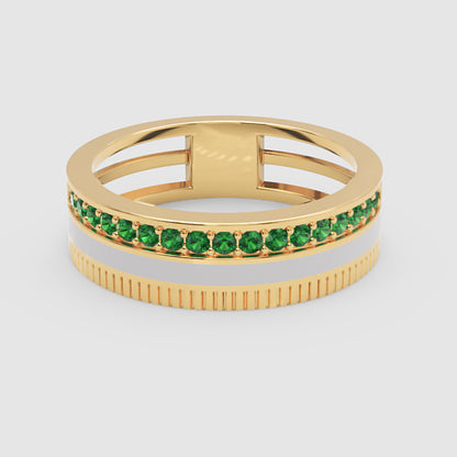 Yellow Gold Emerald Band Ring with White Enamel Center – Customizable Luxury Statement Ring | Jebij