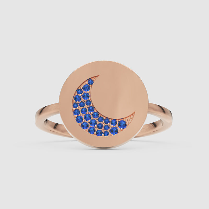 Blue Sapphire Crescent Moon Disc Ring - Six