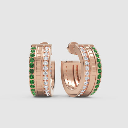 Emerald & Diamond Row Hoop Earrings In Yellow Gold – Luxury Statement Hoops | Jebij - Six