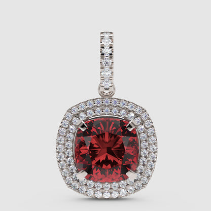 925 Sterling Silver Red Cushion Cut Moissanite Double Halo Pendant Necklace For Women - One