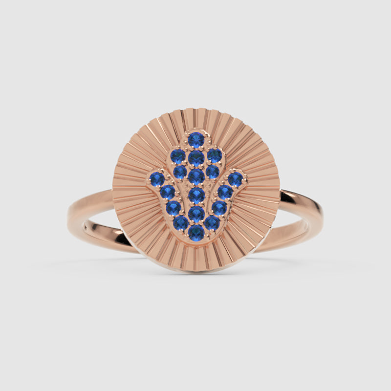 Blue Sapphire Hamsa Hand Disc Ring With Sunburst Design - Seven