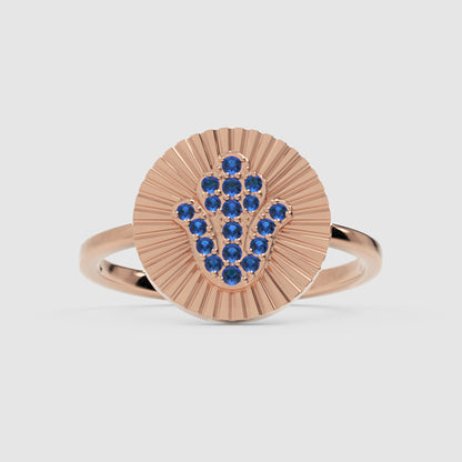 Blue Sapphire Hamsa Hand Disc Ring With Sunburst Design - Seven