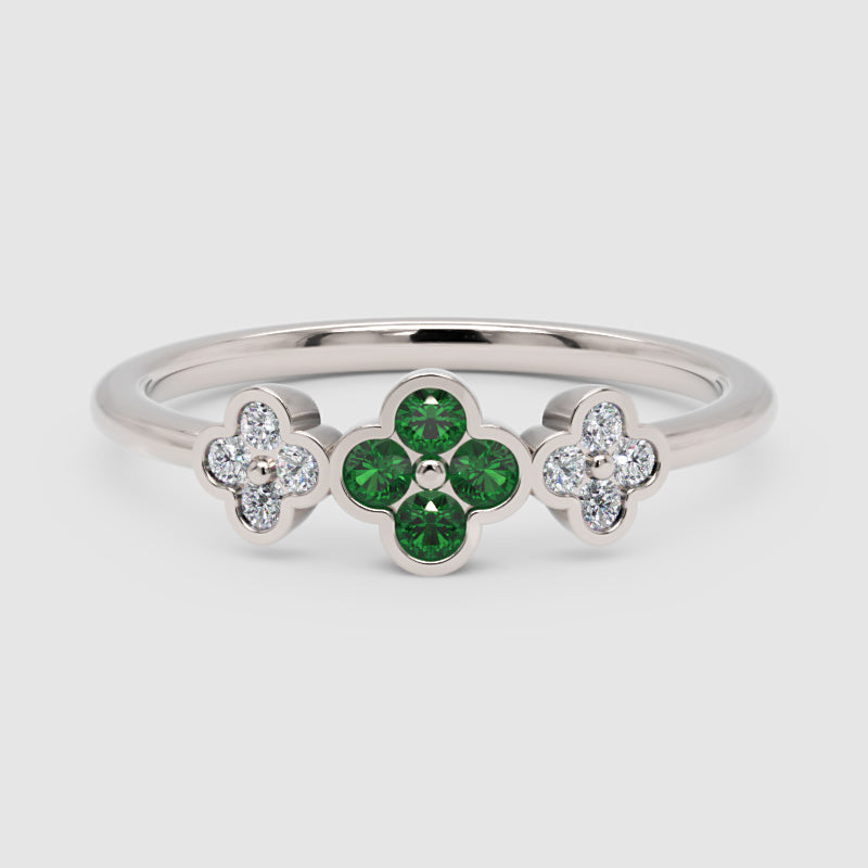 Emerald And Diamond Triple Clover Flower Ring - Six