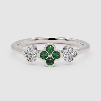 Emerald And Diamond Triple Clover Flower Ring - Six