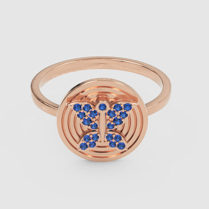Blue Sapphire Butterfly Concentric Circle Ring - Six