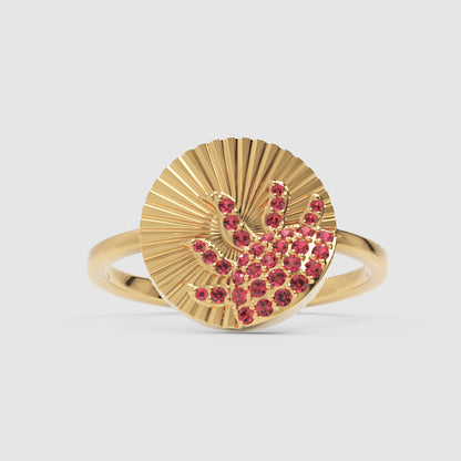Ruby Sunburst Disc Ring With Textured Fan Design - Six