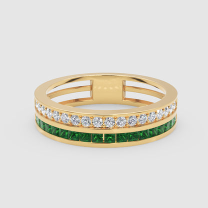 Emerald and Diamond Double Band Ring with Open Bridge Design
