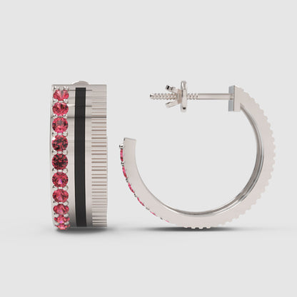 Pink Sapphire Textured Hoop Earrings With Ribbed Design - Six