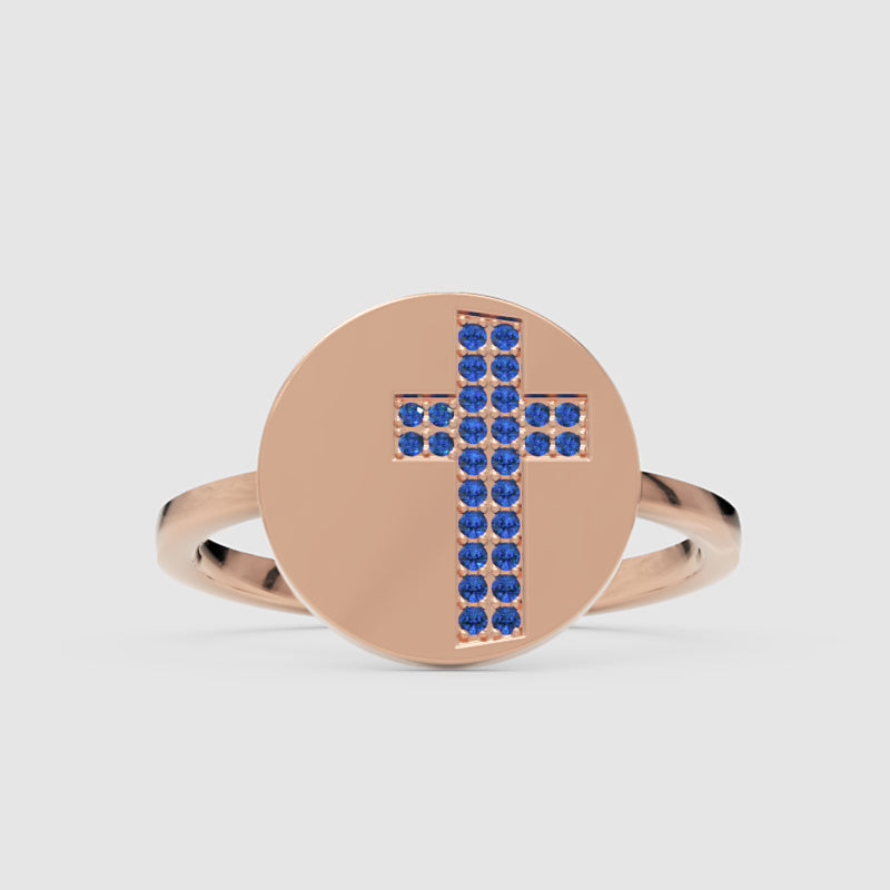 Blue Sapphire Cross Disc Signet Ring - Six