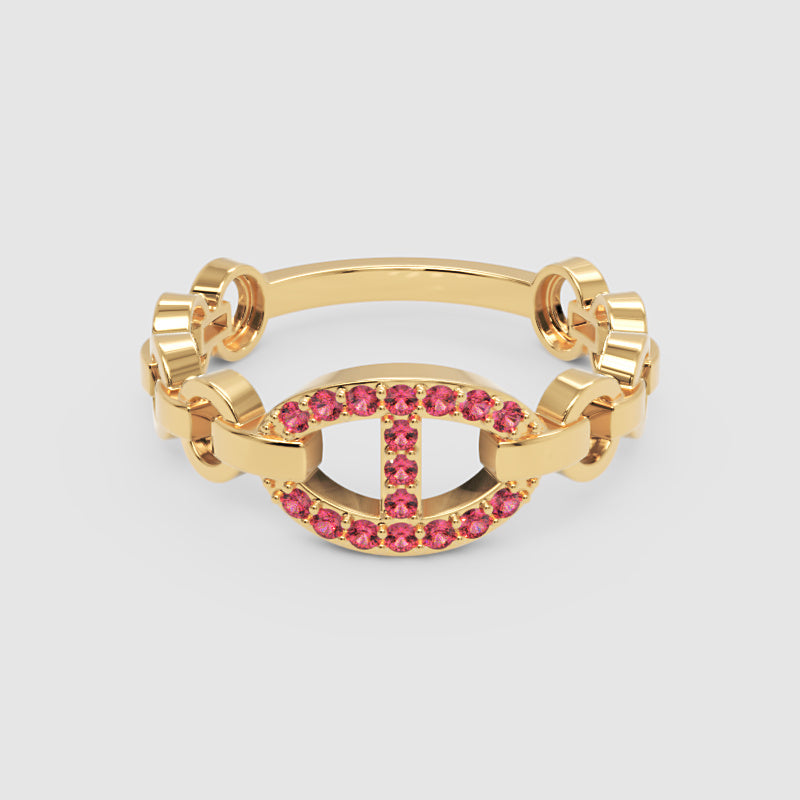 Ruby Oval Ring (Lab-Grown) | Rose Gold Chain Link Vertical Bar Design | Jebij - Six