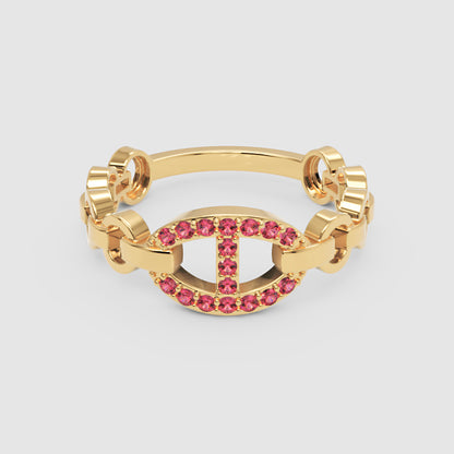 Ruby Oval Ring (Lab-Grown) | Rose Gold Chain Link Vertical Bar Design | Jebij - Six
