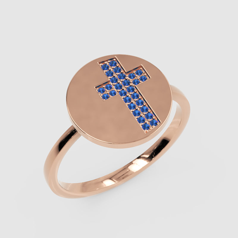 Blue Sapphire Cross Disc Signet Ring - Seven