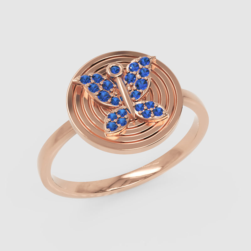Blue Sapphire Butterfly Concentric Circle Ring - Seven