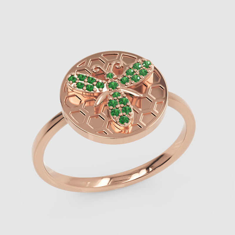 Emerald Bee Honeycomb Disc Ring - Seven