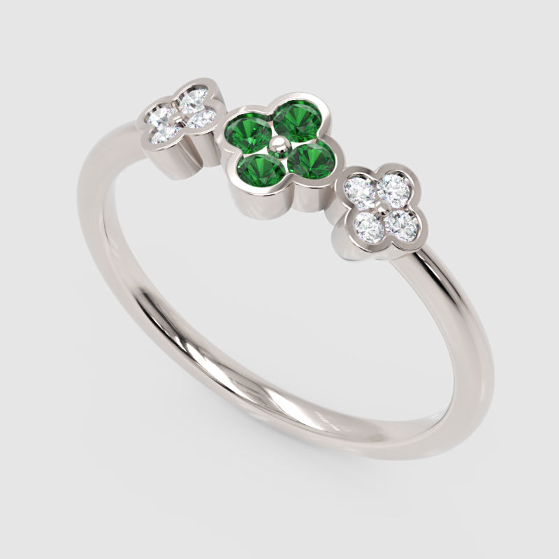 Emerald And Diamond Triple Clover Flower Ring - Seven