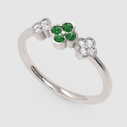 Emerald And Diamond Triple Clover Flower Ring - Seven