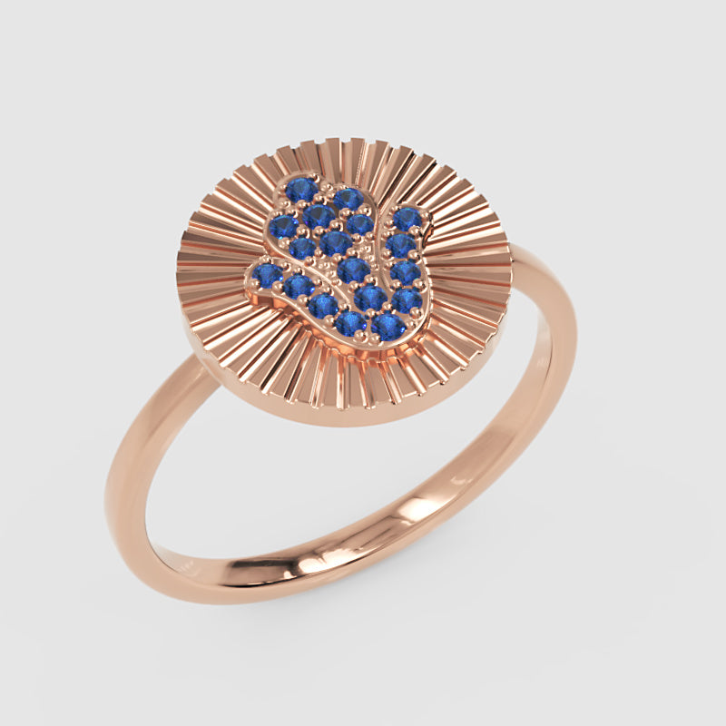 Blue Sapphire Hamsa Hand Disc Ring With Sunburst Design - Eight