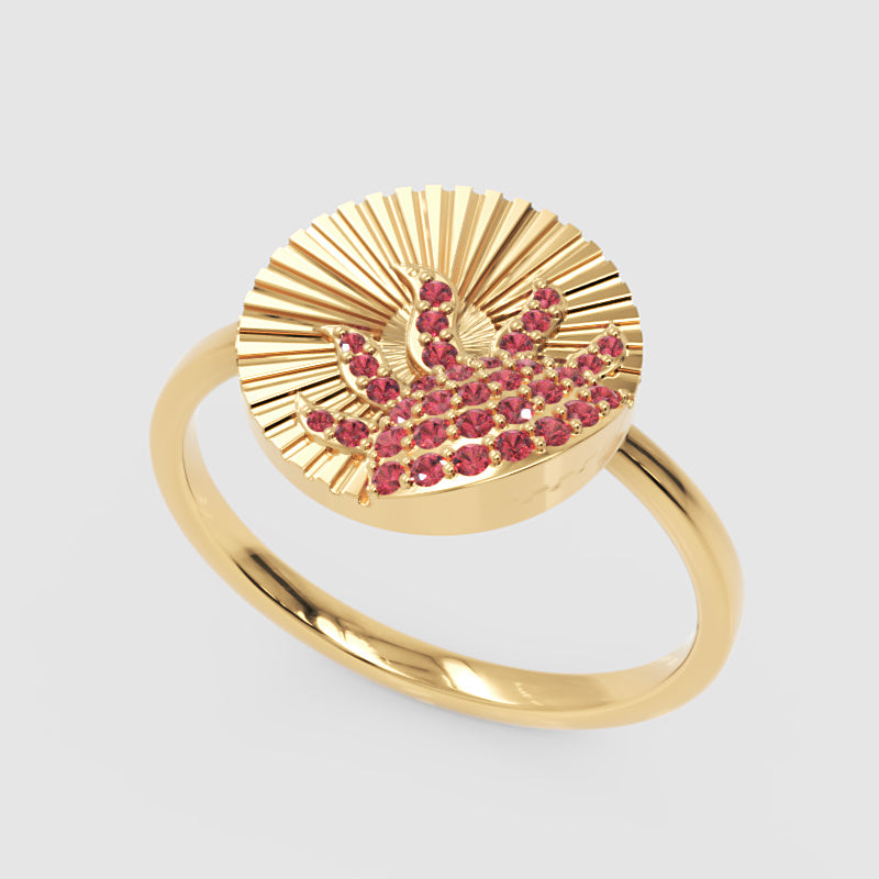 Ruby Sunburst Disc Ring With Textured Fan Design - Seven