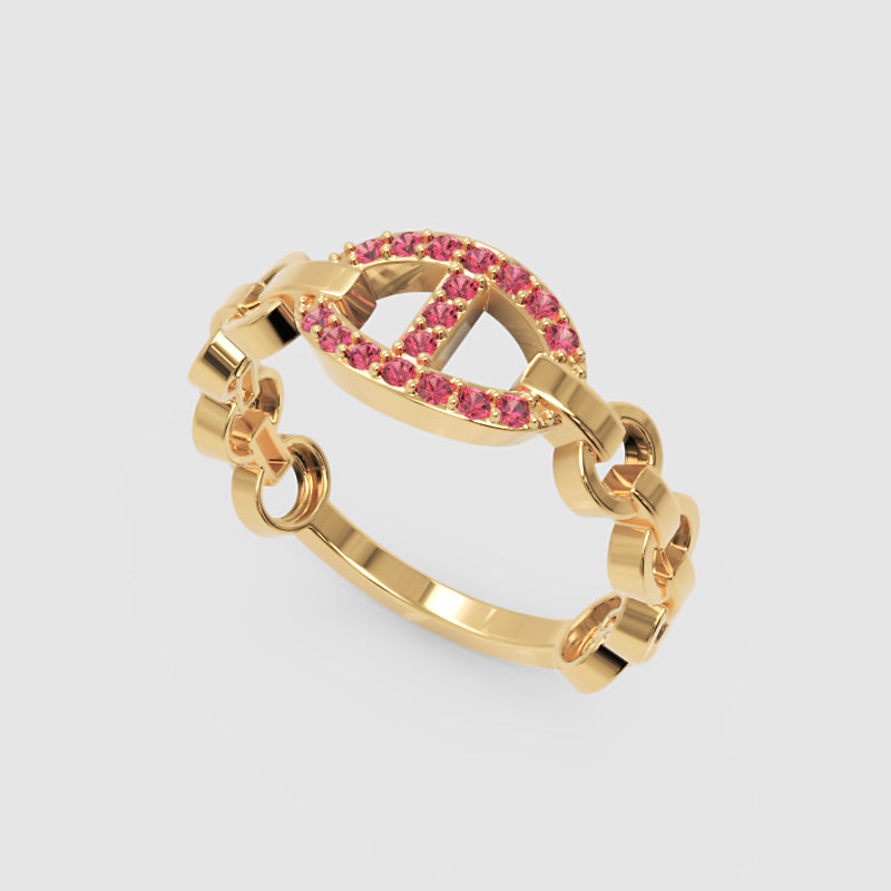 Ruby Oval Ring (Lab-Grown) | Rose Gold Chain Link Vertical Bar Design | Jebij - Seven