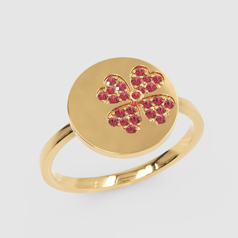 Ruby Clover Disc Ring With Pav Flower Design - Seven