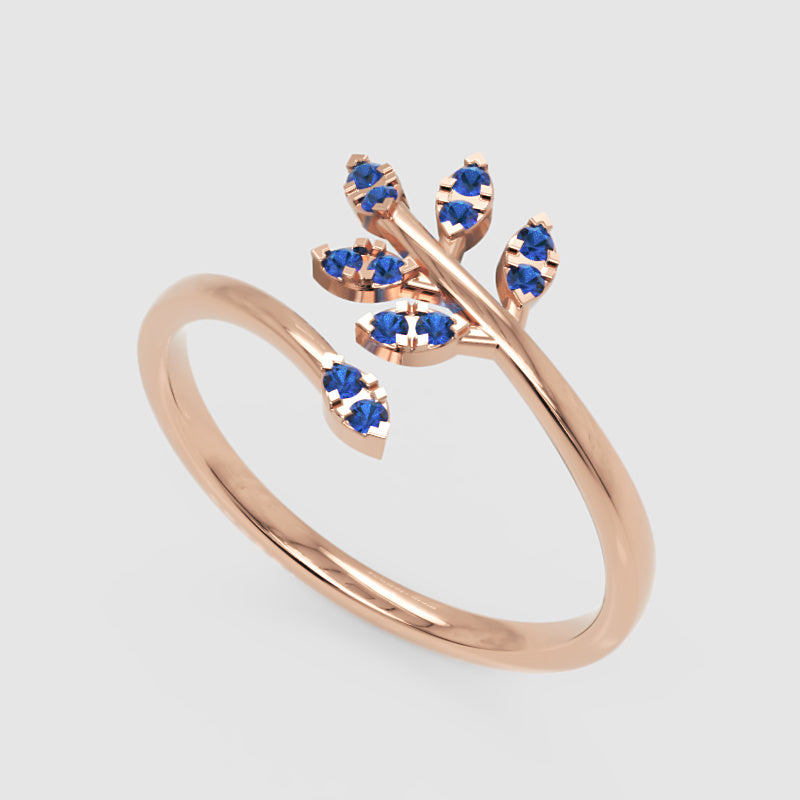 Blue Sapphire Leaf Vine Bypass Ring - Seven