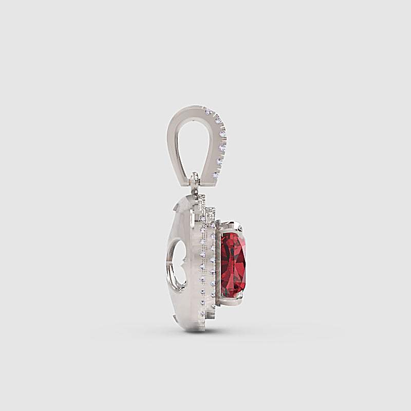 Cushion Cut Red Garnet Double Halo Diamond Pendant - Seven