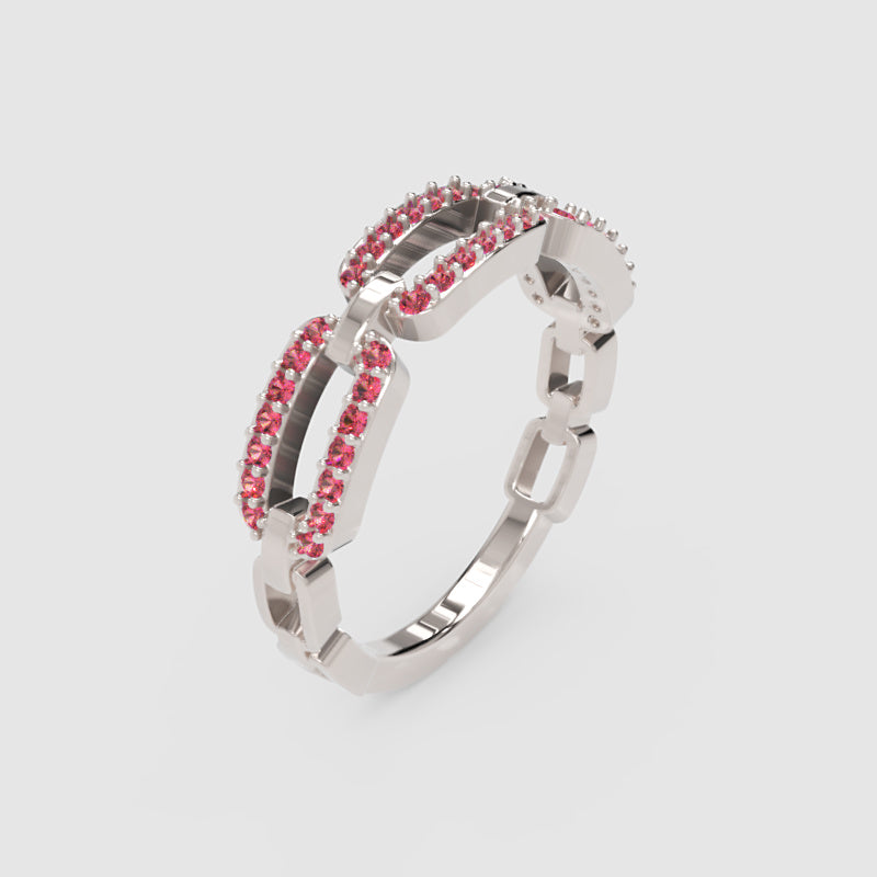Lab-Grown Ruby Interlocking Link Ring In Rose Gold | Double Pave Luxury Chain Design Statement Ring For Women | Jebij - Seven