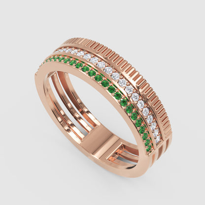 Gold Emerald Diamond Multi-Row Band Ring – Textured Statement Luxury Ring | Jebij - Seven