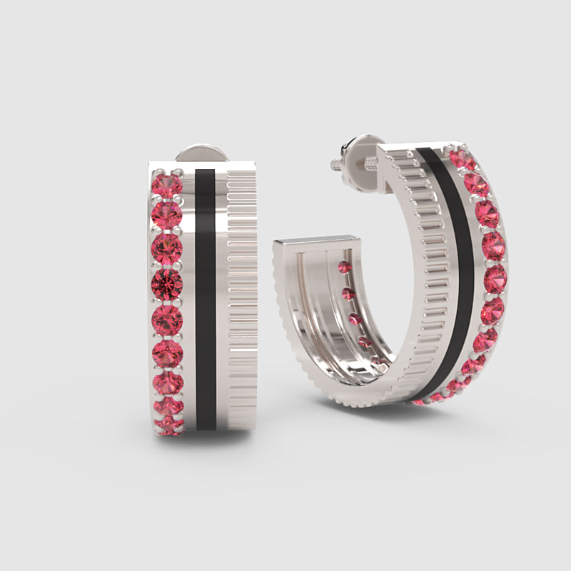 Pink Sapphire Textured Hoop Earrings With Ribbed Design - Seven