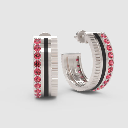 Pink Sapphire Textured Hoop Earrings With Ribbed Design - Seven