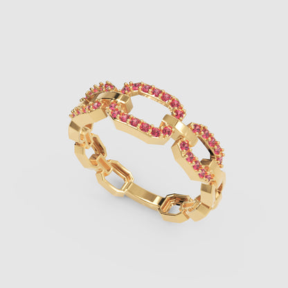 Ruby Chain Link Ring In Rose Gold | Double Pave Interlocking Statement Luxury Ring For Women | Jebij - Seven