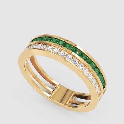 Emerald and Diamond Double Band Ring with Open Bridge Design