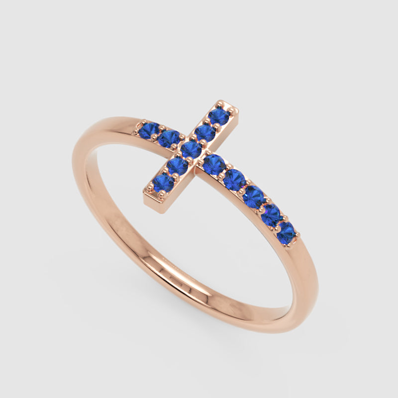 Blue Sapphire Cross Ring Delicate Stackable Band - Seven