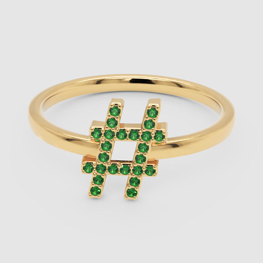 Green Emerald Hashtag Symbol Ring With Pav Stones - One