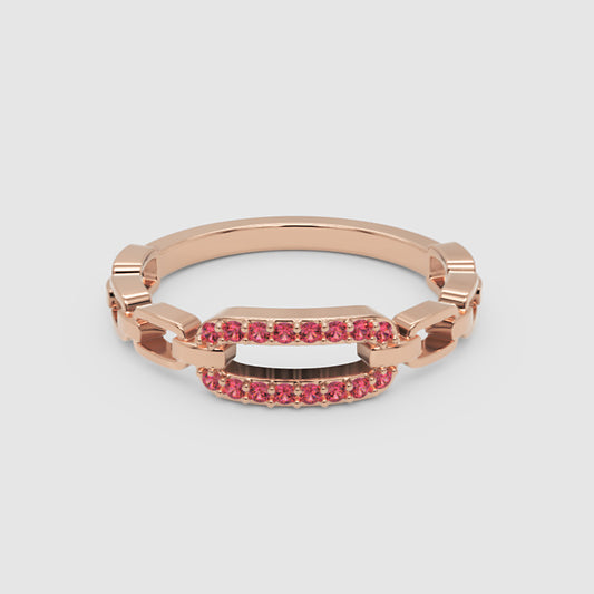 Lab-Grown Ruby Interlocking Link Ring in Rose Gold | Modern Chain Style Statement Ring for Women | Jebij