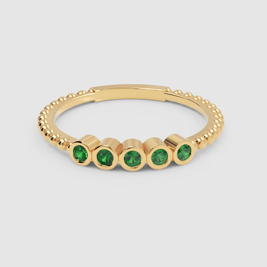 Lab-Grown Emerald Bezel Half Band Ring in Yellow Gold – Minimal 5 Stone Stackable Ring | Jebij