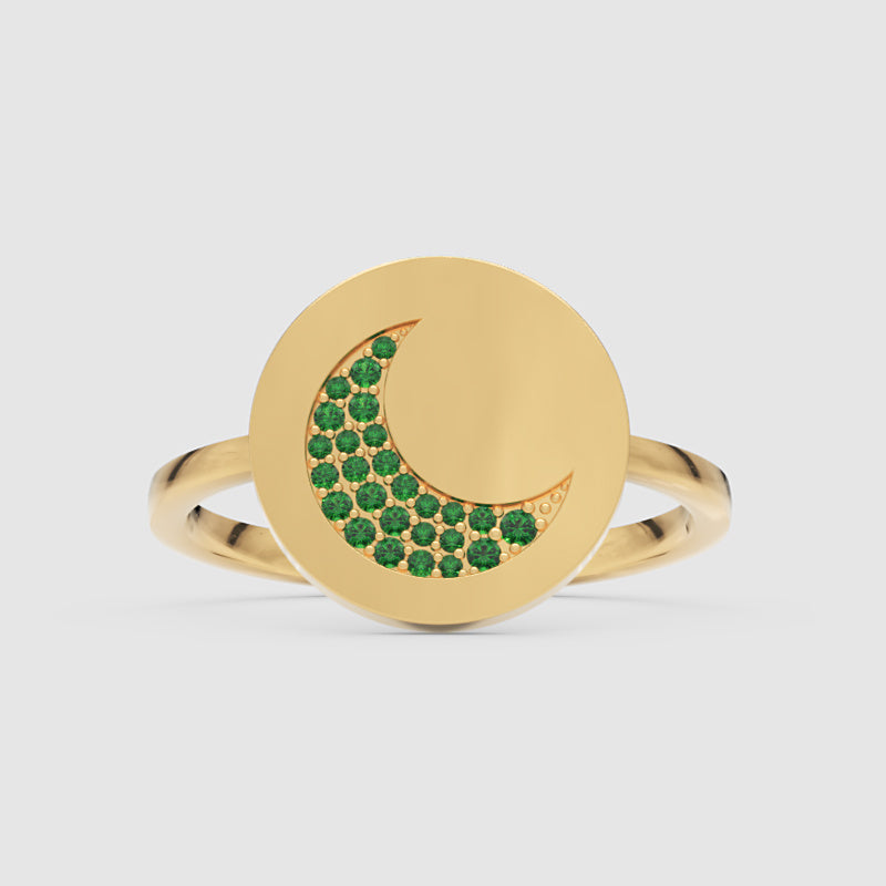 Emerald Crescent Moon Disc Ring - One