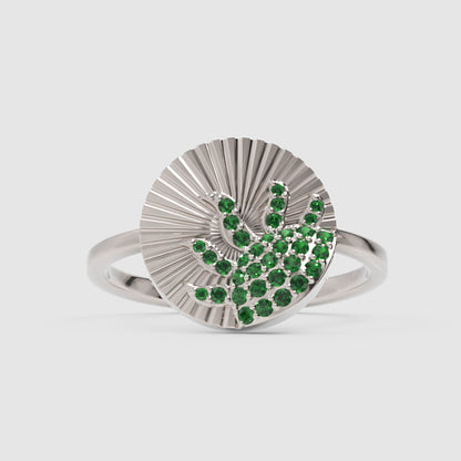 Emerald Wave Sunburst Ring With Textured Fan Design - One