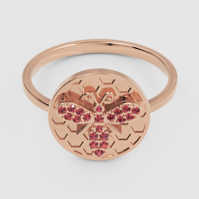 Honeycomb Bee Ring With Pink Gemstones Rose Tone - One