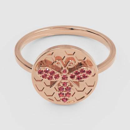Honeycomb Bee Ring With Pink Gemstones Rose Tone - One