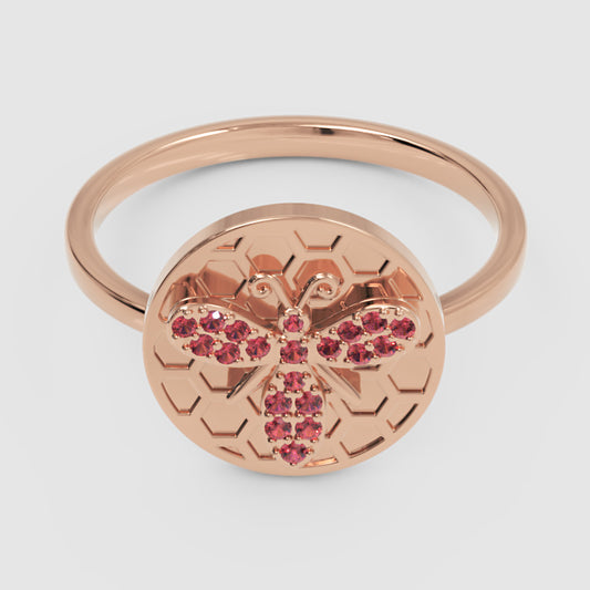 Honeycomb Bee Ring With Pink Gemstones Rose Tone - One