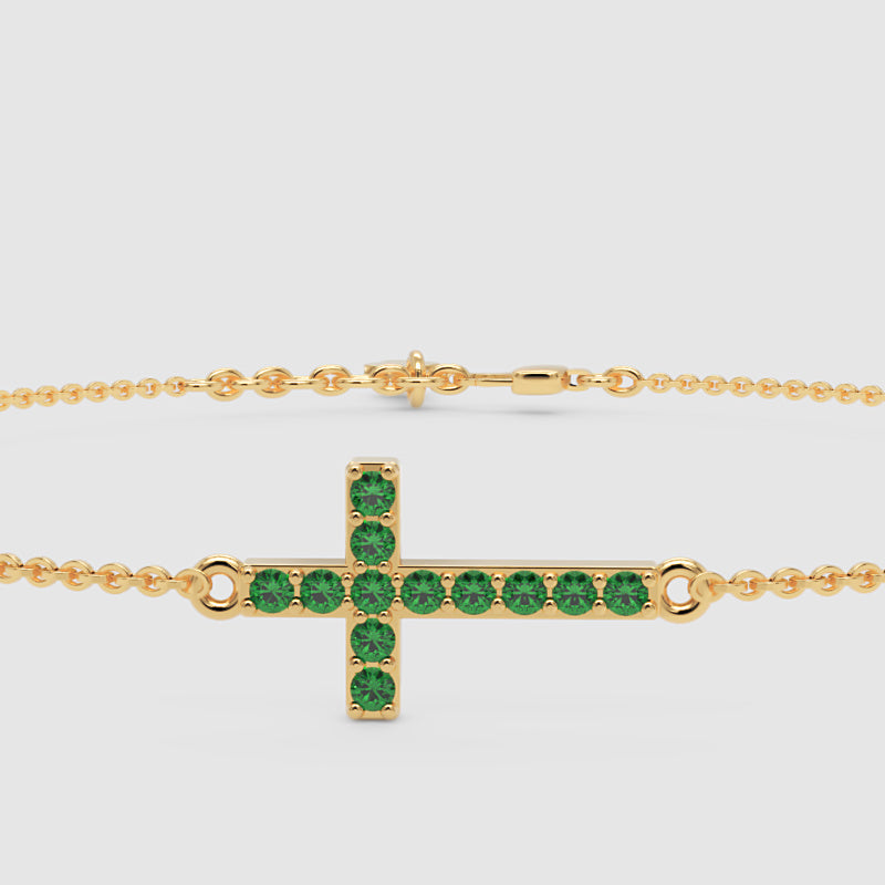 Green Crystal Cross Bracelet With Chain Link Design - One