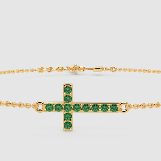 Green Crystal Cross Bracelet With Chain Link Design - One