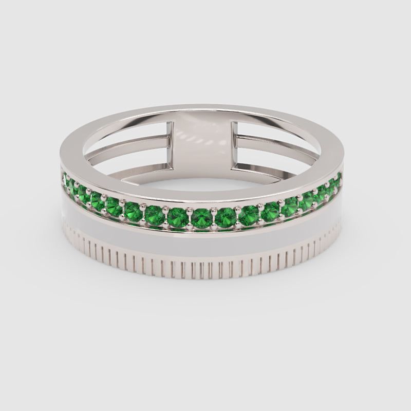 Yellow Gold Emerald Band Ring with White Enamel Center – Customizable Luxury Statement Ring | Jebij