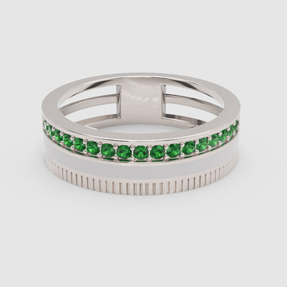 Yellow Gold Emerald Band Ring with White Enamel Center – Customizable Luxury Statement Ring | Jebij