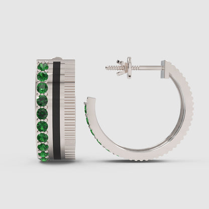 Emerald Hoop Earrings With Black Enamel Accent - One