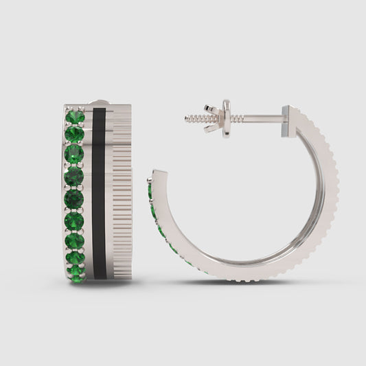 Emerald Hoop Earrings With Black Enamel Accent - One
